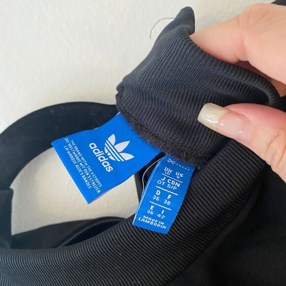 Adidas Black Trefoil Three Stripe Graphic Mock Neck Back Zip Short Sleeve Top S - Picture 9 of 12